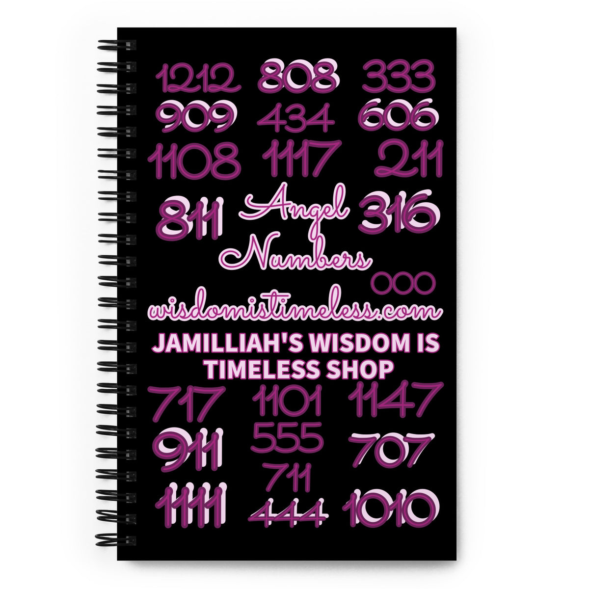 Divine Angel Numbers Journal front cover — angel numbers 1111, 444, 333 and more on black background, spiritual dotted notebook by Jamilliah, 5.5×8.5 inch | JAMILLIAH'S WISDOM IS TIMELESS SHOP