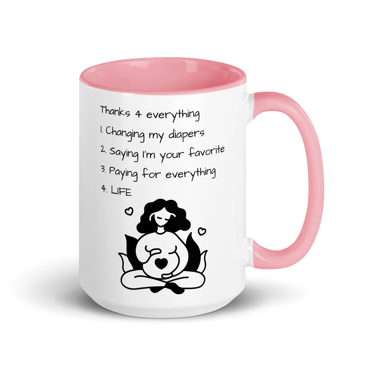 "Happy Mother's Day Mom" – Thanks 4 Everything mug – pink color inside – mom & baby illustration – 15 oz – right view JAMILLIAH'S WISDOM IS TIMELESS SHOP