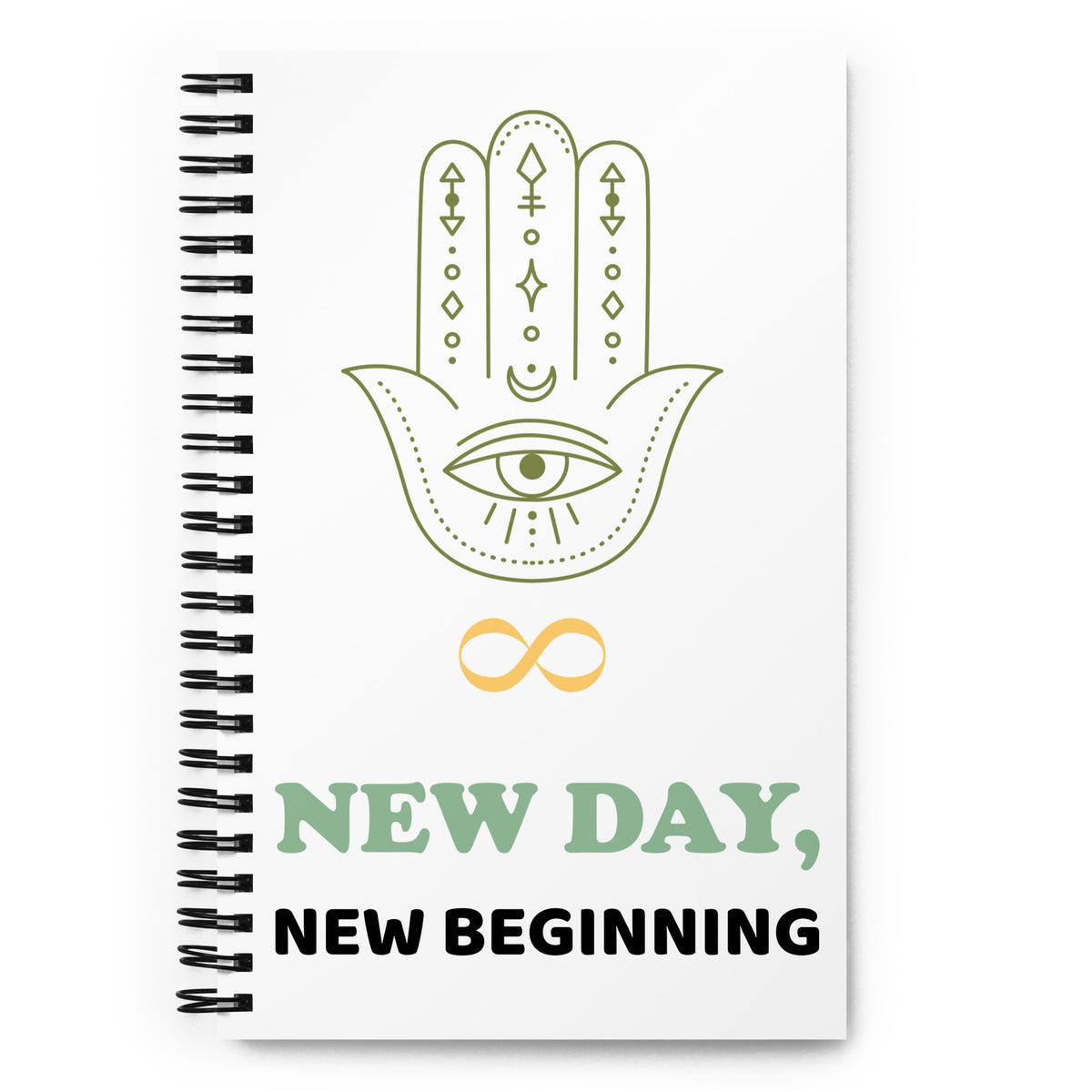 New Day New Year New Beginning Journal – front cover featuring olive green Hamsa hand with all-seeing eye, crescent moon, sacred symbols, gold infinity symbol, and "New Day, New Beginning" in sage green and black – 5.5×8.5 inch wire-o bound dotted journal by Jamilliah | JAMILLIAH'S WISDOM IS TIMELESS SHOP
