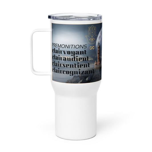 Not Crazy, Just Psychic – white 25 oz travel mug left view showing Premonitions, Clairvoyant, Clairaudient, Clairsentient, Claircognizant with Hamsa hand and infinity symbol | JAMILLIAH'S WISDOM IS TIMELESS SHOP
