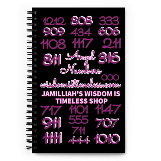 Divine Angel Numbers Journal front cover — angel numbers 1111, 444, 333 and more on black background, spiritual dotted notebook by Jamilliah, 5.5×8.5 inch | JAMILLIAH'S WISDOM IS TIMELESS SHOP
