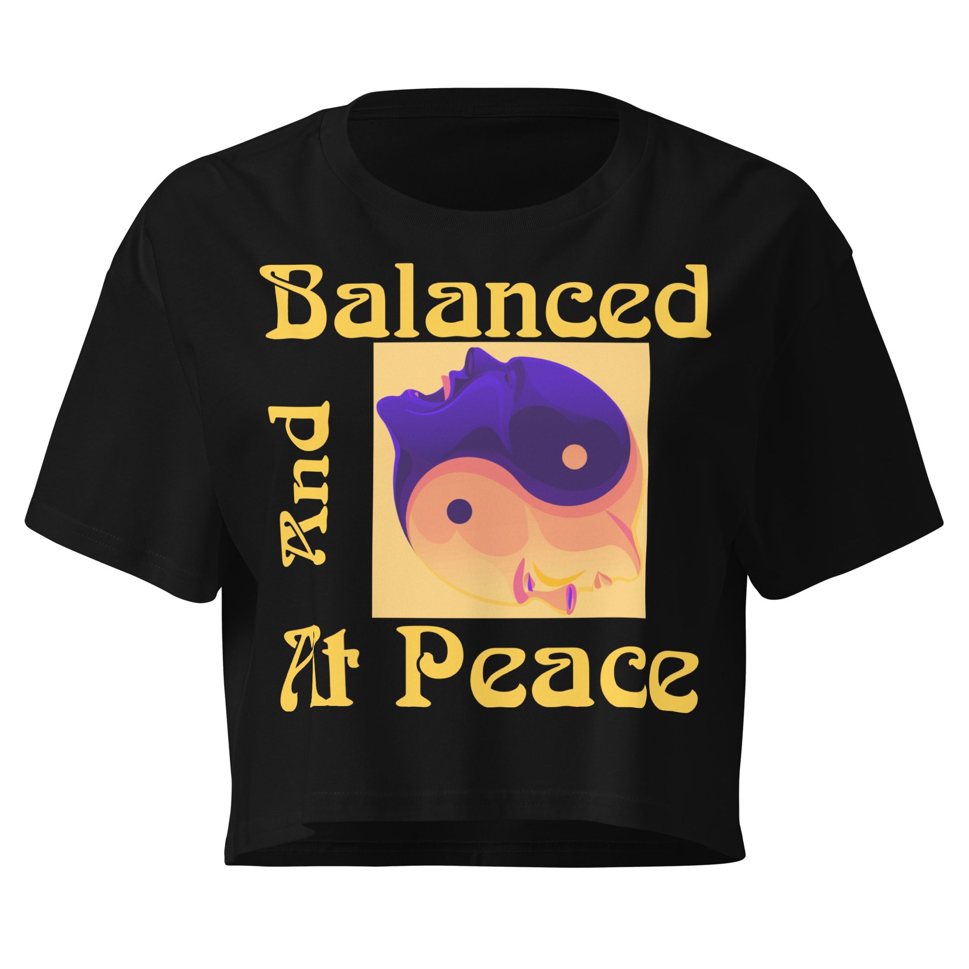 Balanced And At Peace – Divinely Guided And Protected Women's Crop Top in Black – front view of Balanced And At Peace original spiritual mantra by Jamilliah in gold and two joined heads | JAMILLIAH'S WISDOM IS TIMELESS SHOP