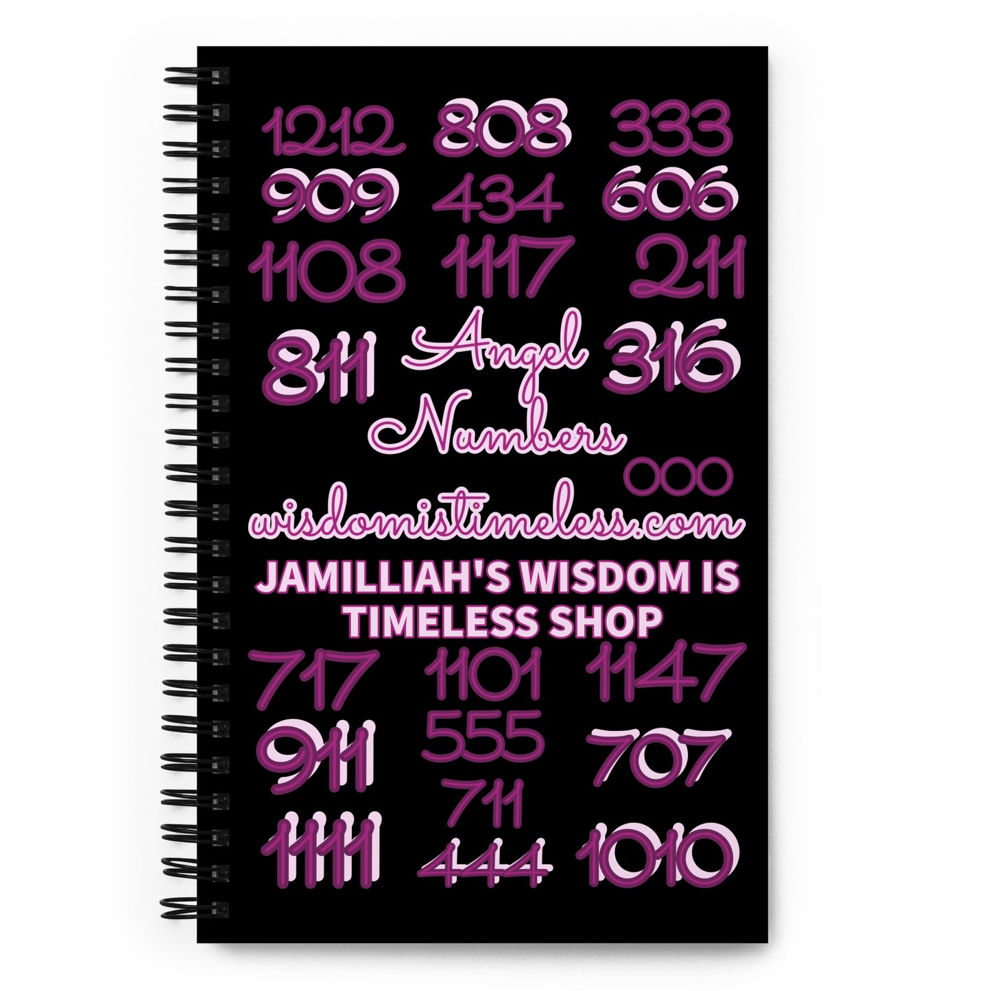 Divine Angel Numbers Journal front cover — angel numbers 1111, 444, 333 and more on black background, spiritual dotted notebook by Jamilliah, 5.5×8.5 inch | JAMILLIAH'S WISDOM IS TIMELESS SHOP