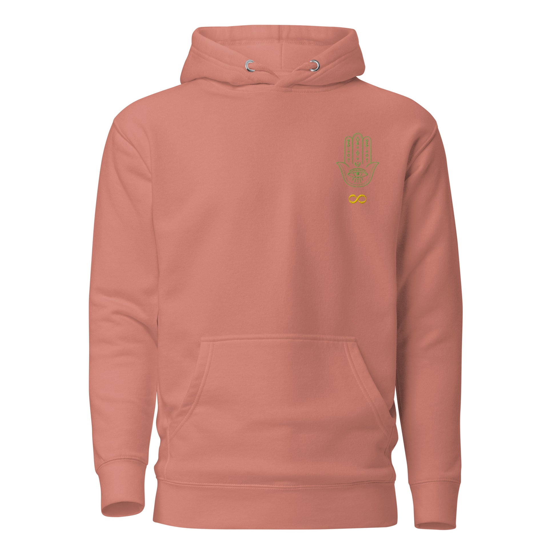 I'd Be Even More Amazing If I Followed My Own Advice Unisex Hoodie in Dusty Rose – front view with embroidered olive green Hamsa hand with all-seeing eye and gold infinity symbol by Jamilliah on left chest | JAMILLIAH'S WISDOM IS TIMELESS SHOP
