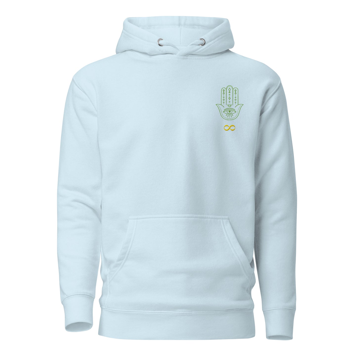 I'd Be Even More Amazing If I Followed My Own Advice Unisex Hoodie in Sky Blue – front view with embroidered olive green Hamsa hand with all-seeing eye and gold infinity symbol on left chest | JAMILLIAH'S WISDOM IS TIMELESS SHOP
