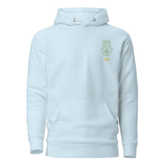 I'd Be Even More Amazing If I Followed My Own Advice Unisex Hoodie in Sky Blue – front view with embroidered olive green Hamsa hand with all-seeing eye and gold infinity symbol on left chest | JAMILLIAH'S WISDOM IS TIMELESS SHOP
