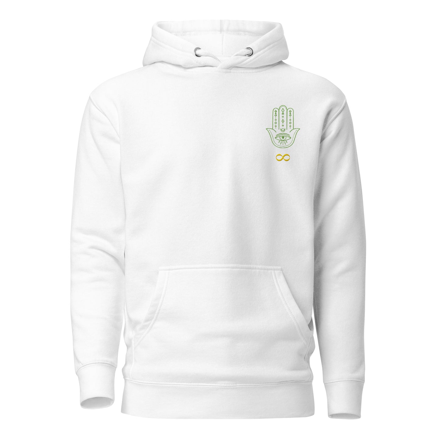 I'd Be Even More Amazing If I Followed My Own Advice Unisex Hoodie in White – front view with embroidered olive green Hamsa hand with all-seeing eye and gold infinity symbol on left chest by Jamilliah | JAMILLIAH'S WISDOM IS TIMELESS SHOP
