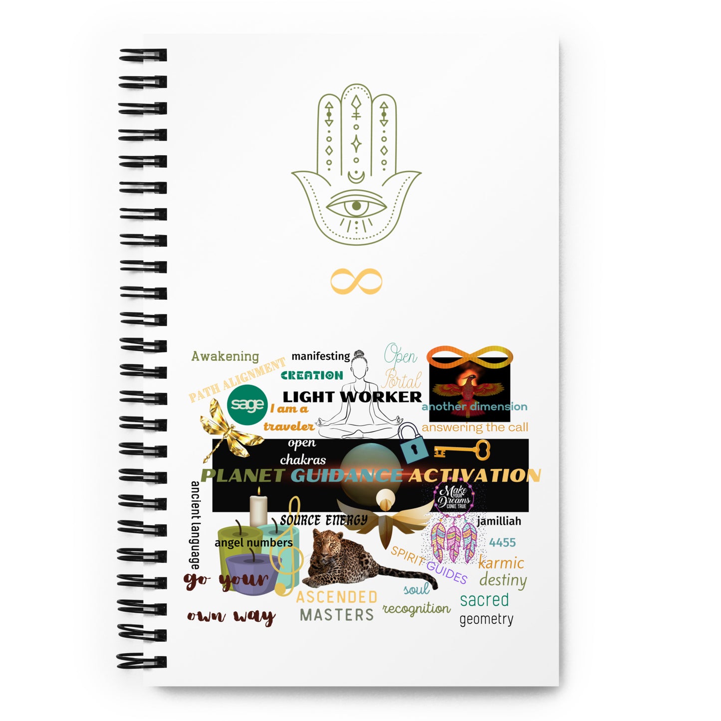 Lightworker Journal Notebook – front cover featuring Hamsa hand with all-seeing eye, gold infinity symbol, and spiritual collage with lightworker, ascended masters, sacred geometry, angel numbers & planet guidance activation – 5.5×8.5-inch wire-o bound dotted journal by Jamilliah | JAMILLIAH'S WISDOM IS TIMELESS SHOP