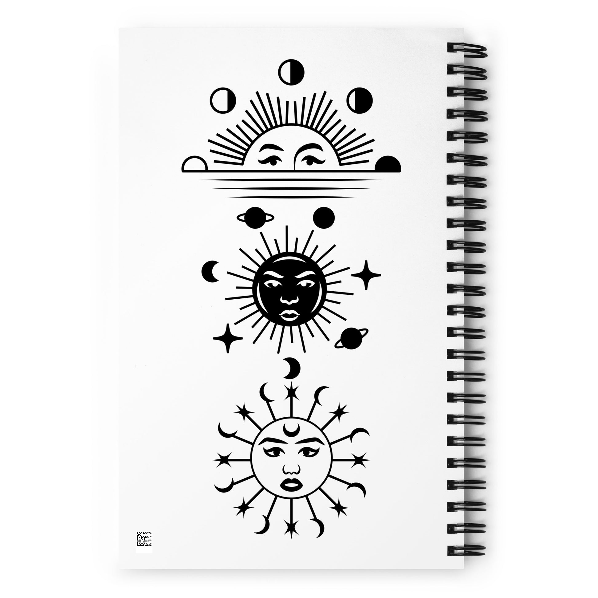 Moon & Sun Intentions Journal – back cover featuring black and white celestial designs including rising sun with moon phases, bold sun face with planets and stars, and sun face with crescent moons and star bursts – 5.5×8.5 inch wire-o bound dotted journal for affirmations, scripting & moon rituals | JAMILLIAH'S WISDOM IS TIMELESS SHOP