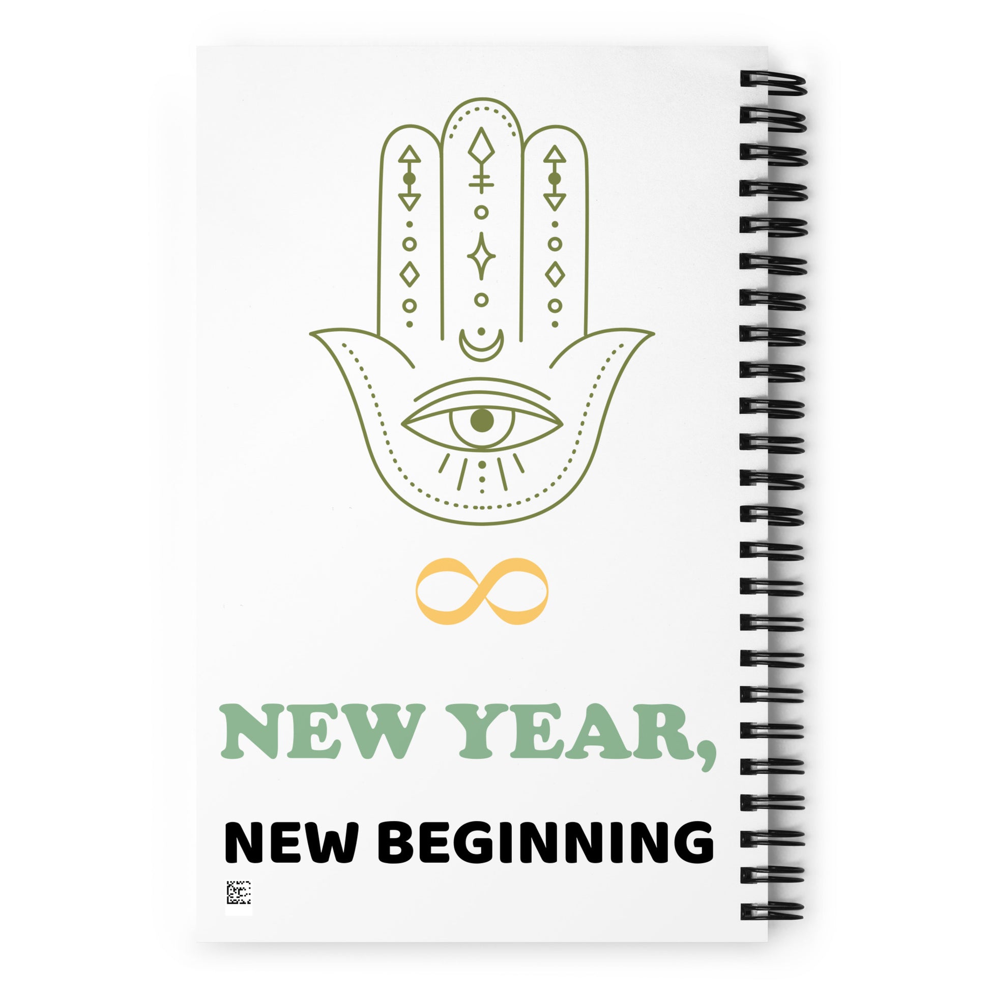 New Day New Year New Beginning Journal – back cover featuring olive green Hamsa hand with all-seeing eye, crescent moon, sacred symbols, gold infinity symbol, and "New Year, New Beginning" in sage green and black – 5.5×8.5 inch wire-o bound dotted journal by Jamilliah | JAMILLIAH'S WISDOM IS TIMELESS SHOP