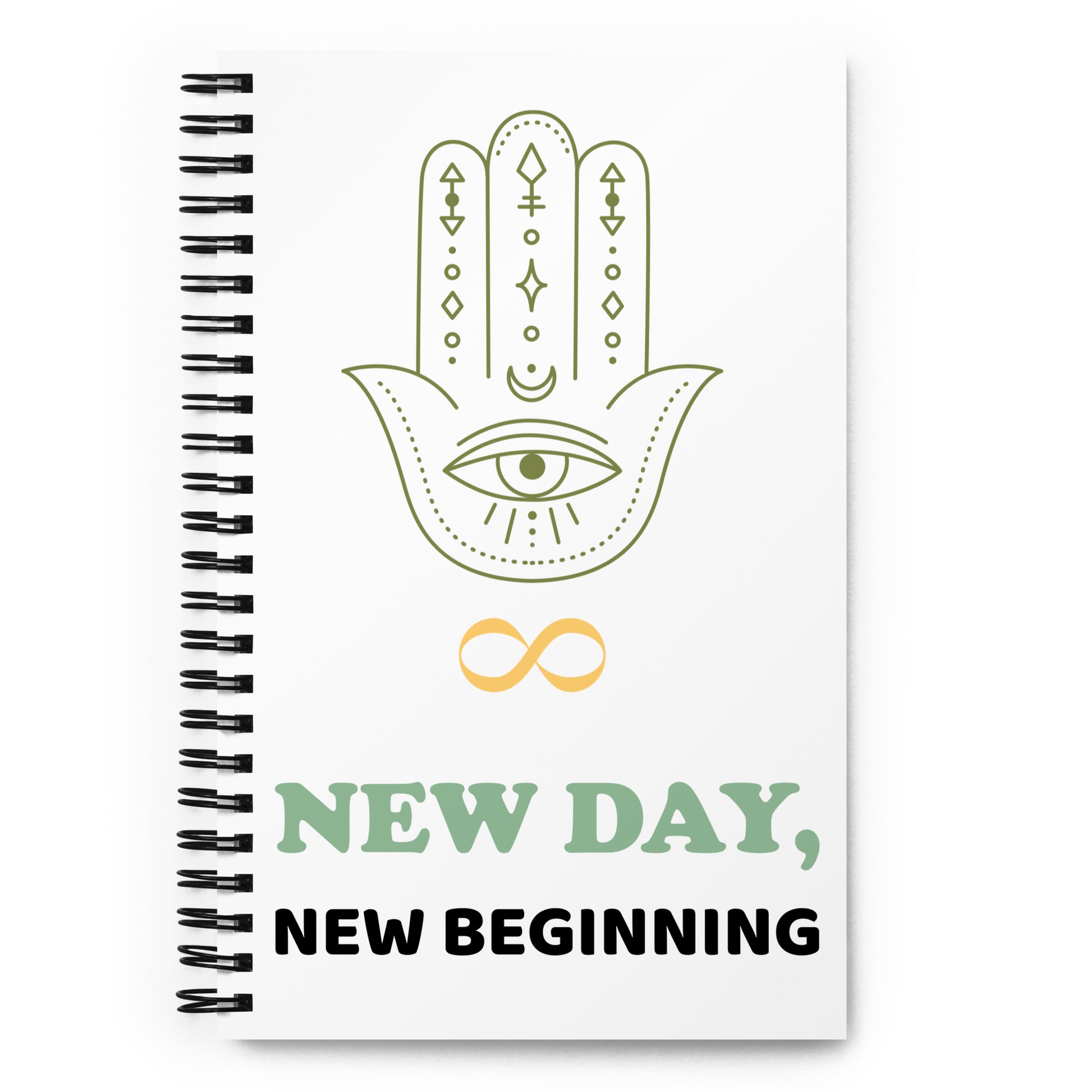 New Day New Year New Beginning Journal – front cover featuring olive green Hamsa hand with all-seeing eye, crescent moon, sacred symbols, gold infinity symbol, and "New Day, New Beginning" in sage green and black – 5.5×8.5 inch wire-o bound dotted journal by Jamilliah | JAMILLIAH'S WISDOM IS TIMELESS SHOP