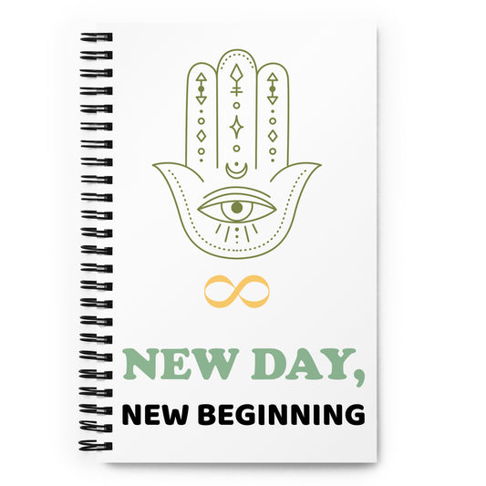 New Day New Year New Beginning Journal – front cover featuring olive green Hamsa hand with all-seeing eye, crescent moon, sacred symbols, gold infinity symbol, and "New Day, New Beginning" in sage green and black – 5.5×8.5 inch wire-o bound dotted journal by Jamilliah | JAMILLIAH'S WISDOM IS TIMELESS SHOP