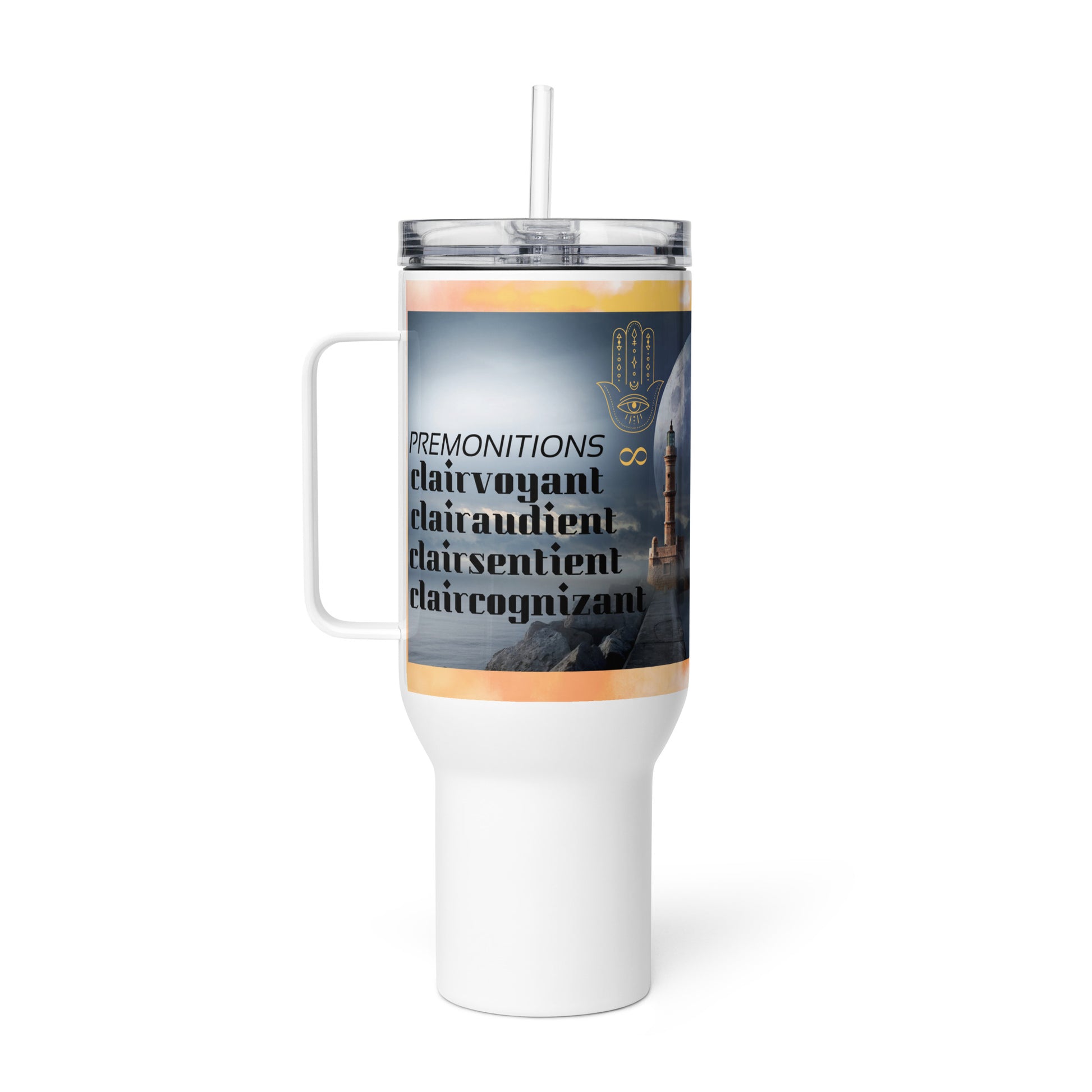 Not Crazy, Just Psychic Travel Mug with handle, 40oz – dark mystical lighthouse scene with gold Hamsa hand, all-seeing eye, gold infinity symbol, and stacked text: Premonitions, clairvoyant, clairaudient, clairsentient, claircognizant – handle left, straw in lid | JAMILLIAH'S WISDOM IS TIMELESS SHOP