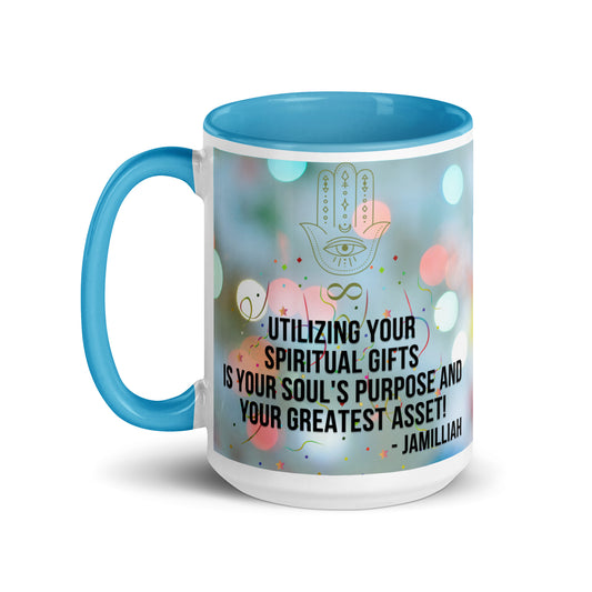 Utilizing Your Spiritual Gifts Is Your Soul's Purpose And Your Greatest Asset! - Quote by Jamilliah – Blue Color Inside Ceramic Mug, 15 oz, Left View – Hamsa & Infinity Design | JAMILLIAH'S WISDOM IS TIMELESS SHOP