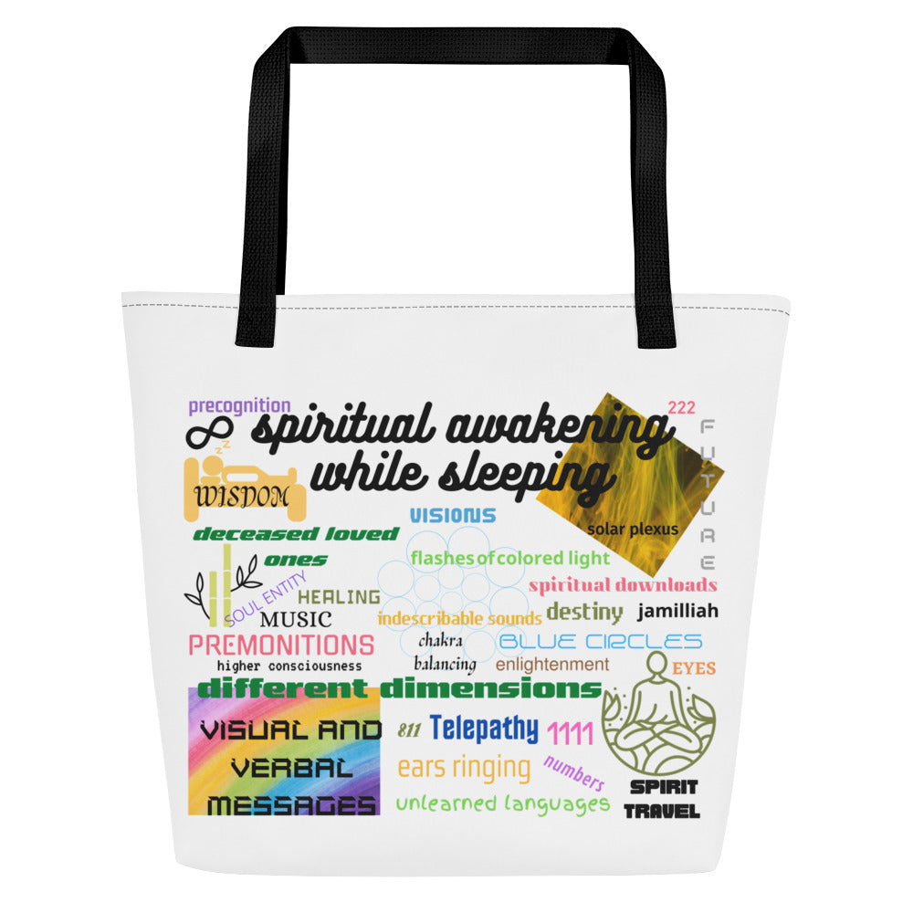"Spiritual Awakening While Sleeping all-over print tote bag in black — front view with vibrant spiritual enlightenment journey word collage design"