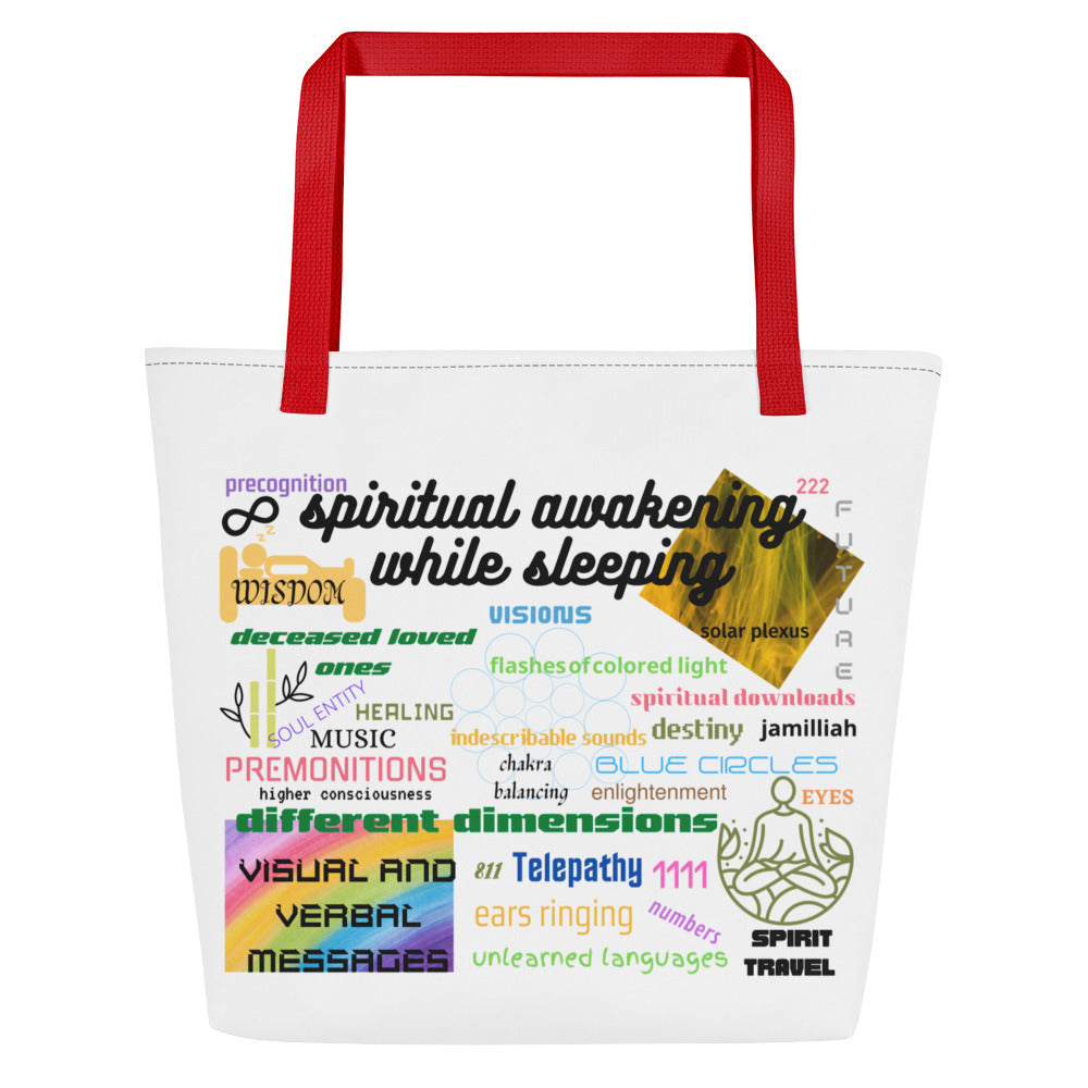 "Spiritual Awakening While Sleeping all-over print tote bag in red — back view with colorful spiritual enlightenment journey word art and symbols"