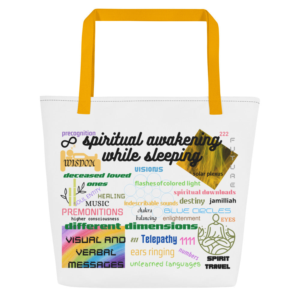 "Spiritual Awakening While Sleeping all-over print tote bag in yellow — front view celebrating your spiritual enlightenment journey with chakra, telepathy, and wisdom word collage"