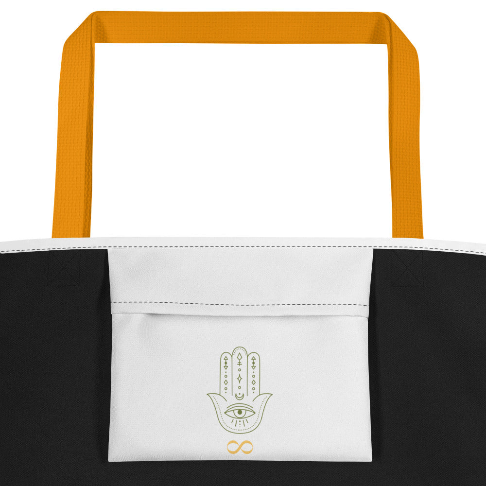 "Spiritual Awakening tote bag in yellow — inside pocket with Hamsa hand and infinity symbol, a companion for your spiritual enlightenment journey"