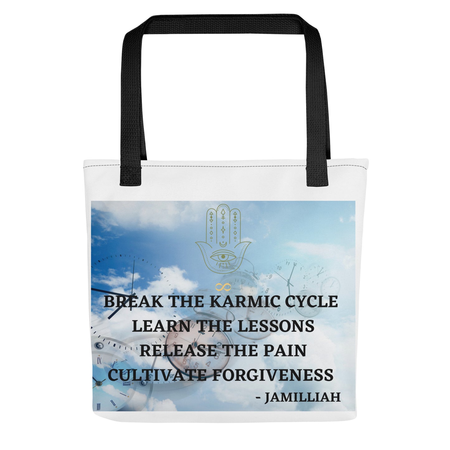 Break The Karmic Cycle all-over-print tote bag with black cotton handles — spiritual wisdom quote by Jamilliah, Hamsa hand design, 15×15 inch