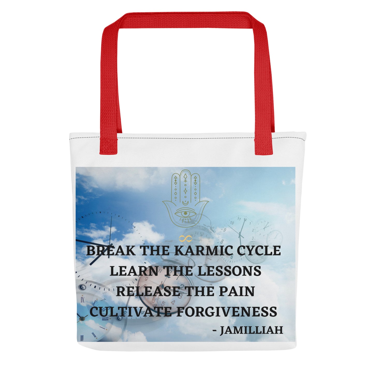 Break The Karmic Cycle all-over-print tote bag with red cotton handles — spiritual wisdom quote by Jamilliah, Hamsa hand design, 15×15 inch