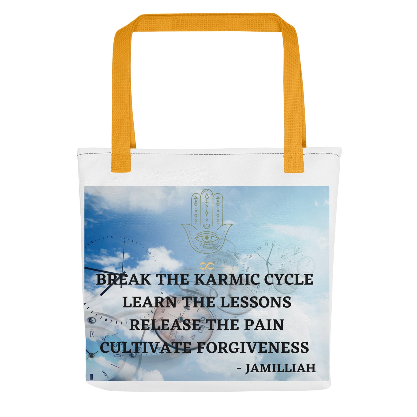 Break The Karmic Cycle all-over-print tote bag with yellow cotton handles — spiritual wisdom quote by Jamilliah, Hamsa hand design, 15×15 inch