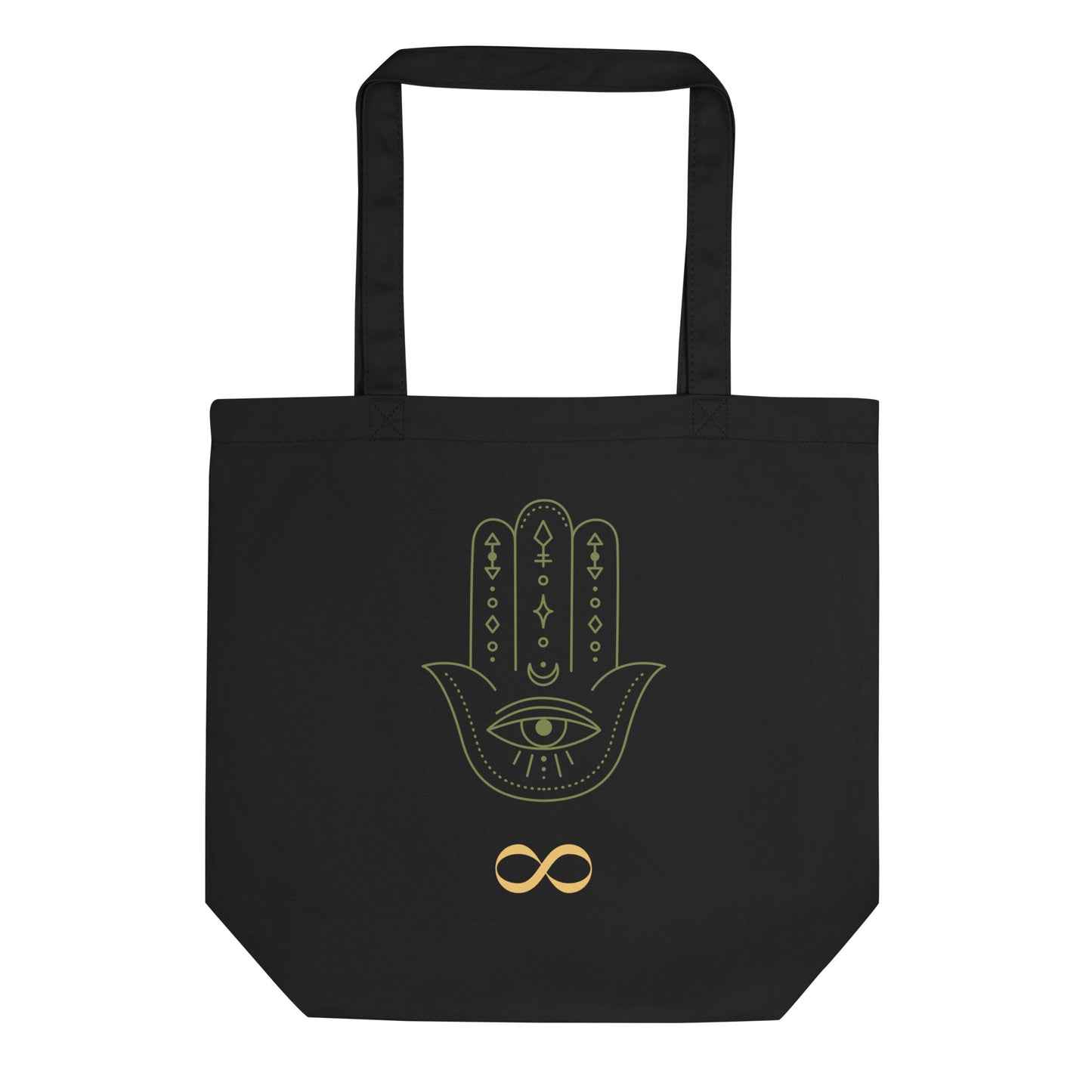 Black organic eco tote bag featuring olive green Hamsa hand with all-seeing eye and gold infinity symbol — JAMILLIAH'S WISDOM IS TIMELESS SHOP