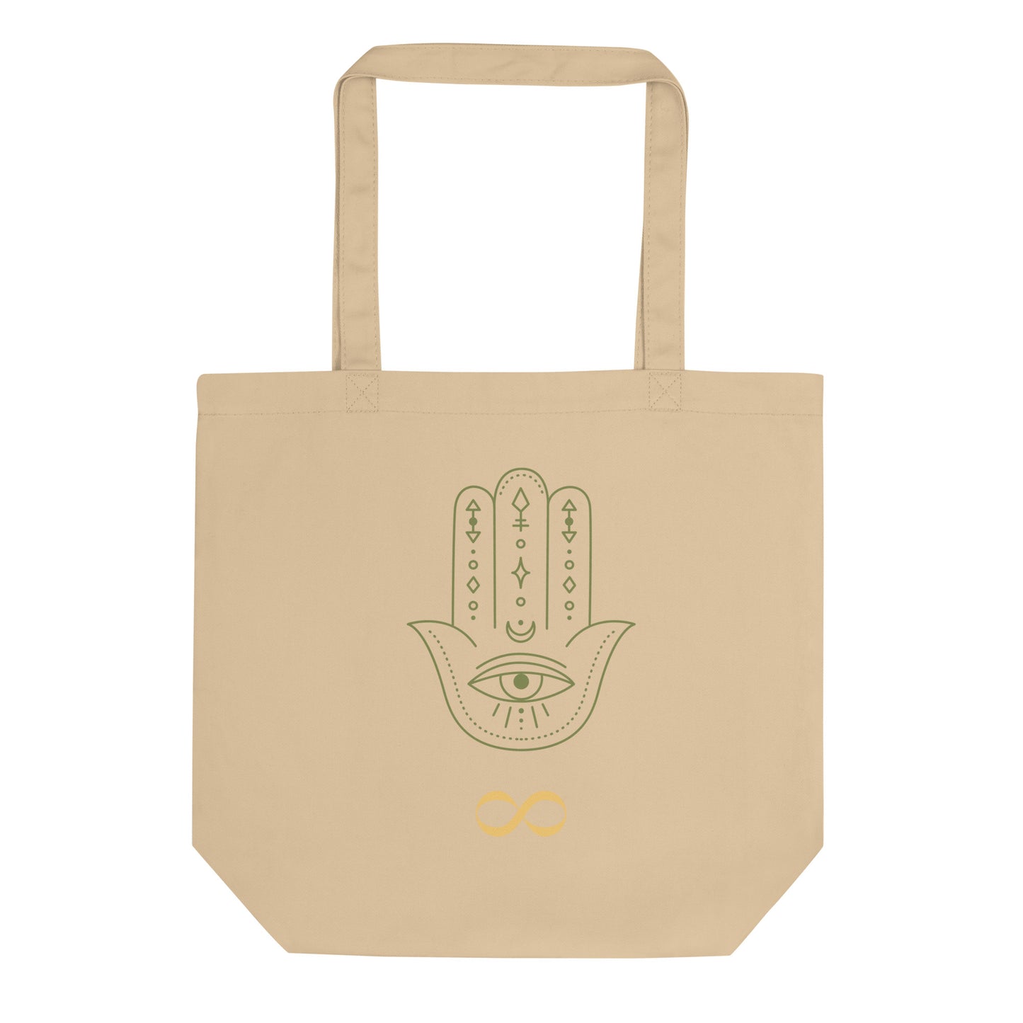 Oyster organic eco tote bag featuring olive green Hamsa hand with all-seeing eye and gold infinity symbol — JAMILLIAH'S WISDOM IS TIMELESS SHOP