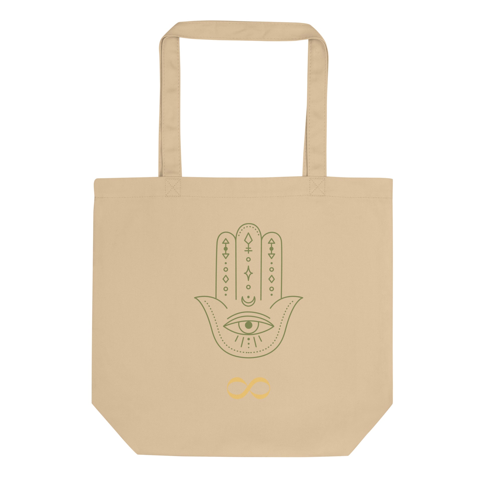 Oyster organic eco tote bag featuring olive green Hamsa hand with all-seeing eye and gold infinity symbol — JAMILLIAH'S WISDOM IS TIMELESS SHOP