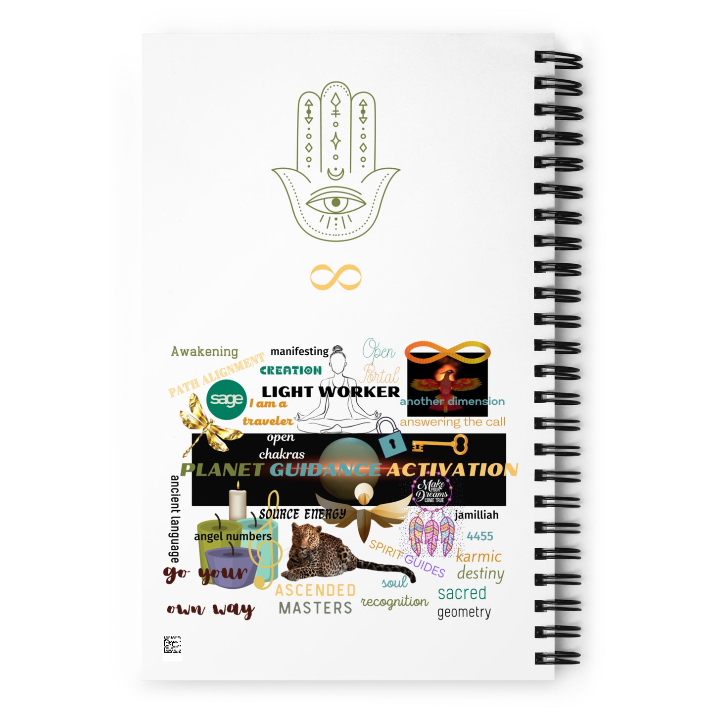 Lightworker Journal Notebook – back cover featuring Hamsa hand with all-seeing eye, gold infinity symbol, and full spiritual collage including lightworker, sage, soul recognition, karmic destiny, spirit guides & source energy – 5.5×8.5-inch wire-o bound dotted journal by Jamilliah | JAMILLIAH'S WISDOM IS TIMELESS SHOP